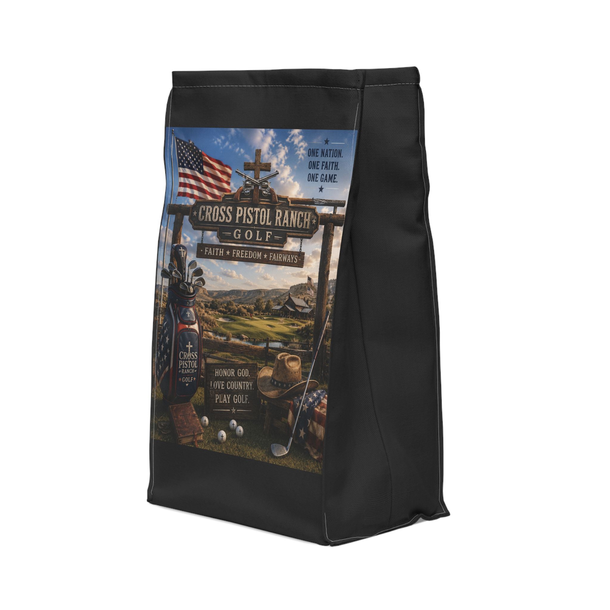 Lunch Bag – Cross Pistol Ranch Golf Rustic Patriotic Cooler (Faith • Freedom • Fairways)